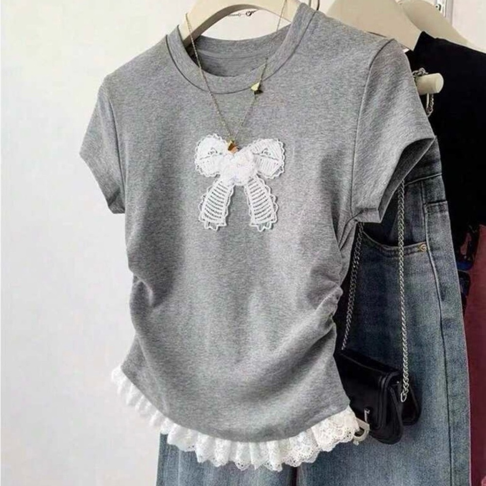 Gray Short Sleeve Top with Lace